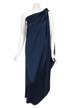 1976 Halston Couture Navy Silk Draped One-Shoulder Wrap Goddess Gown