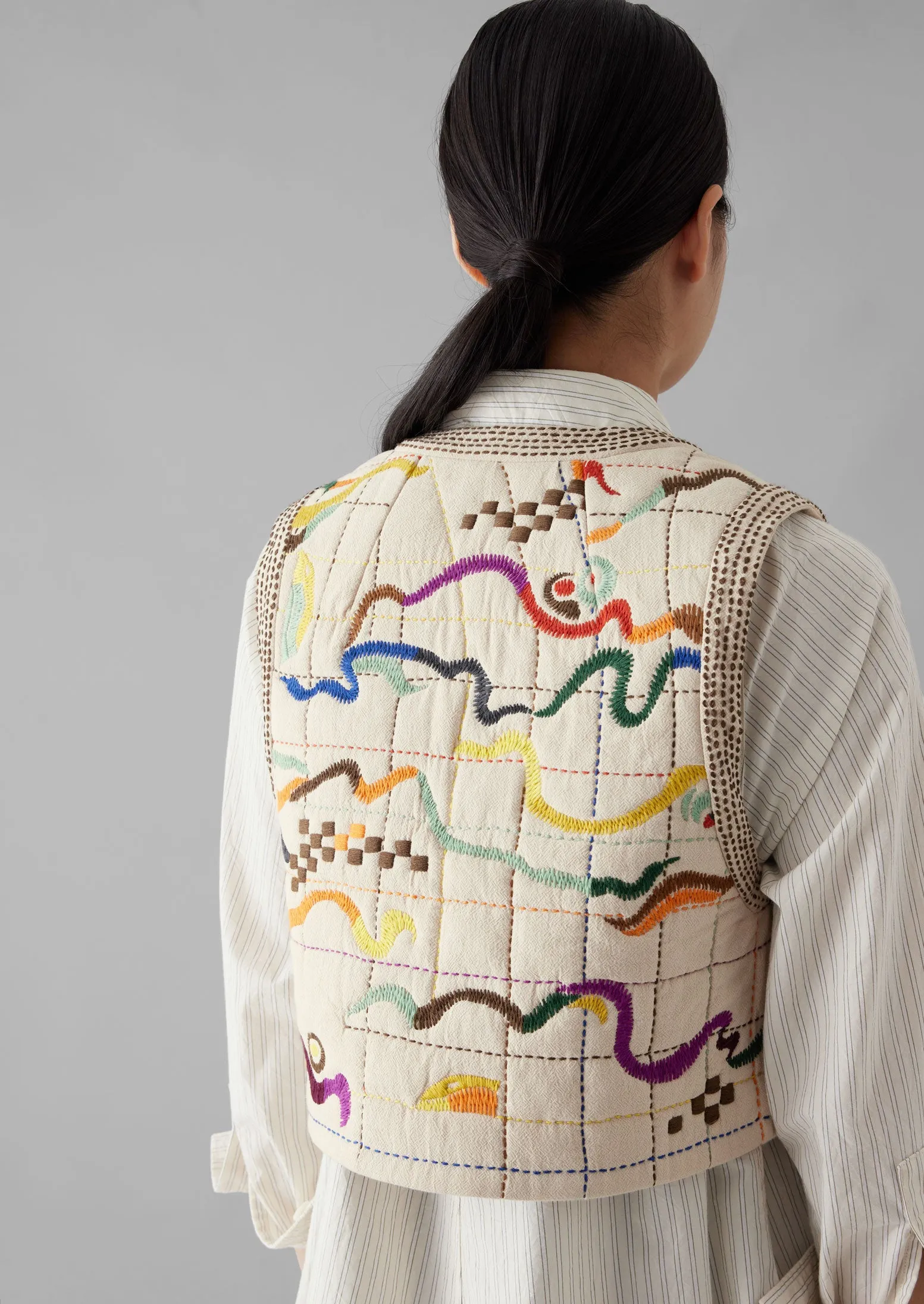 Abstract Hand Embroidered Gilet | Moonstone/Multi