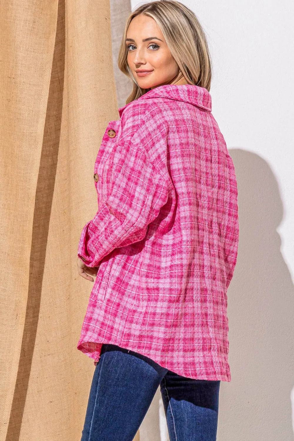 And The Why Full Size Tweed Button Down Long Sleeve Shacket in Fuchsia