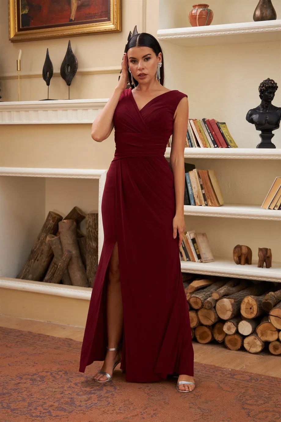 Angelino Bordeaux Sandy Slit Long Evening Dress