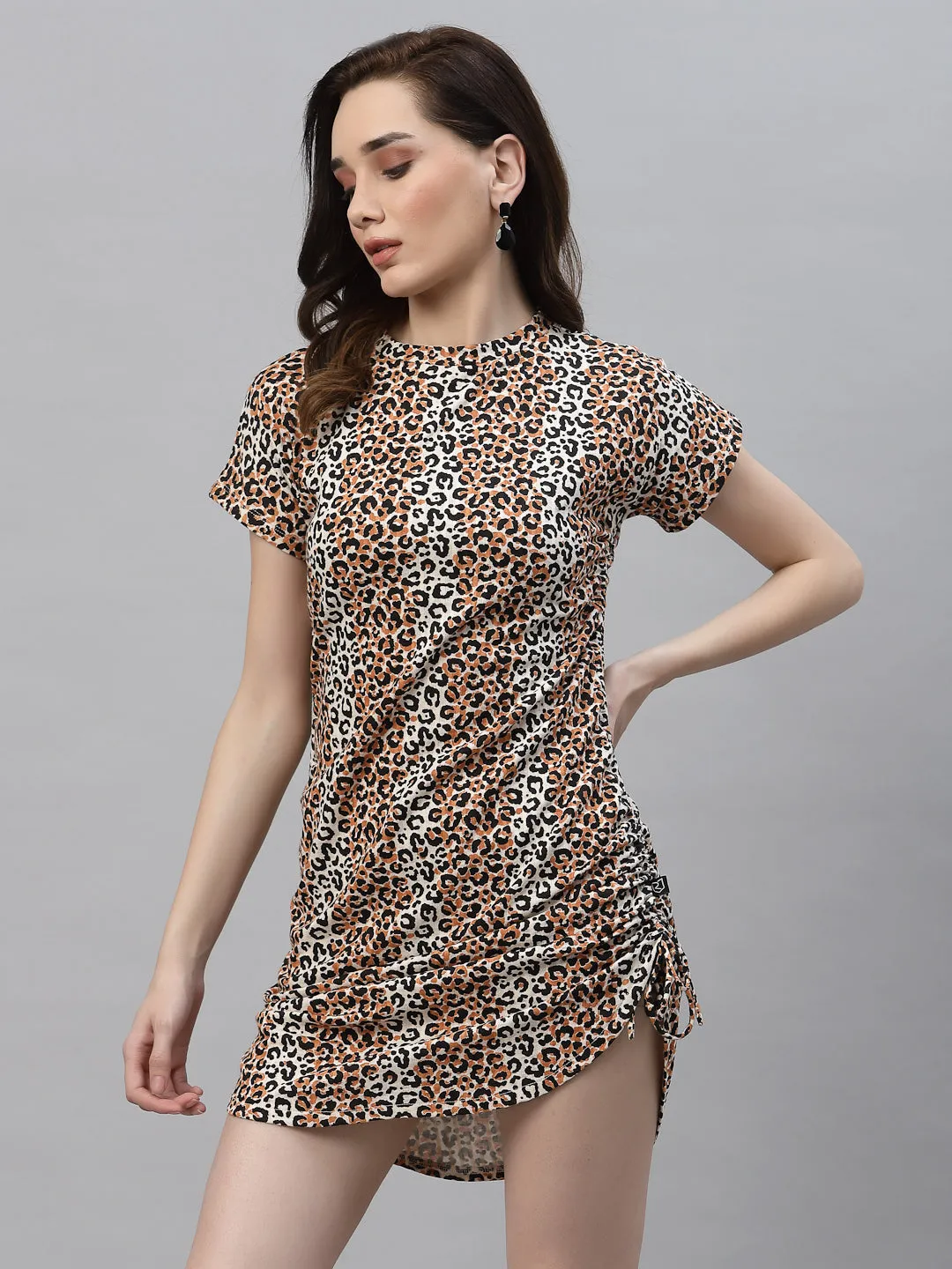 Animal Print Short Sleeve Drawstring Bodycon Dress