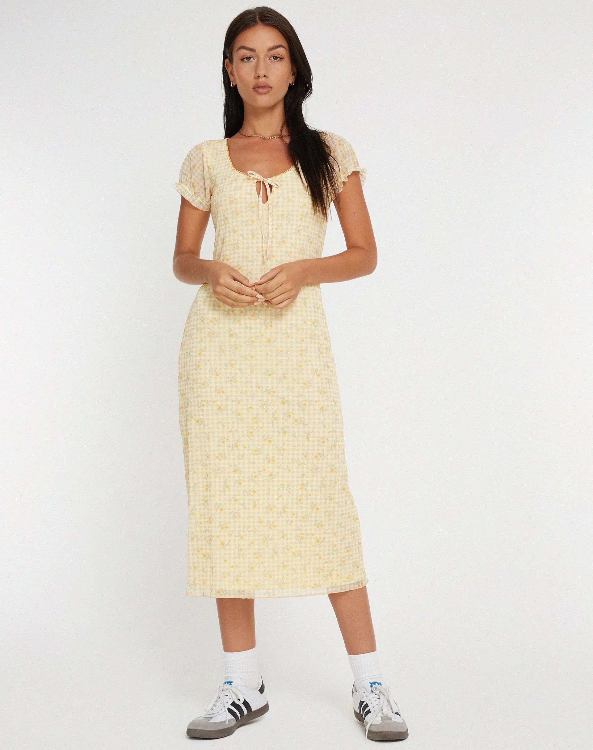 Aroha Midi Dress in Gingham Floral Yellow