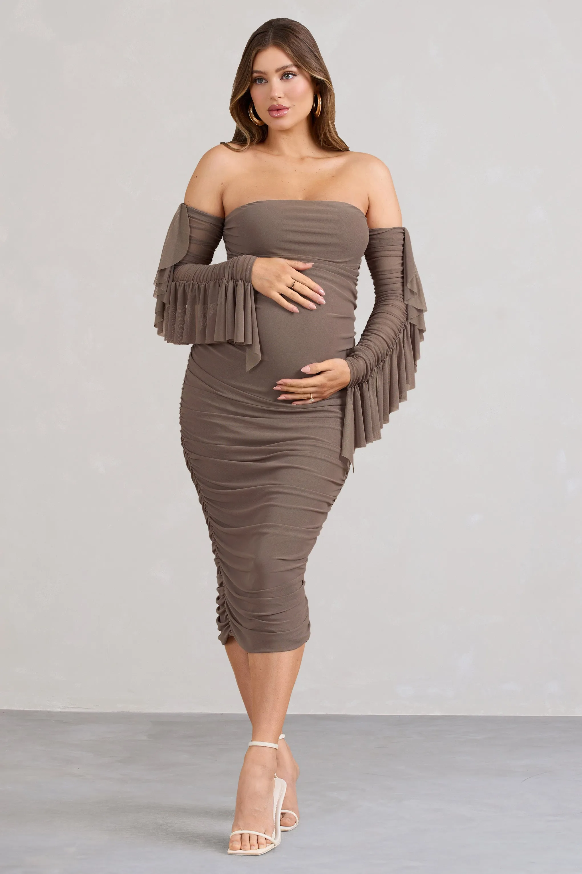 Aroma | Brown Ruched Mesh Maternity Midi Dress With Ruffled Sleeves