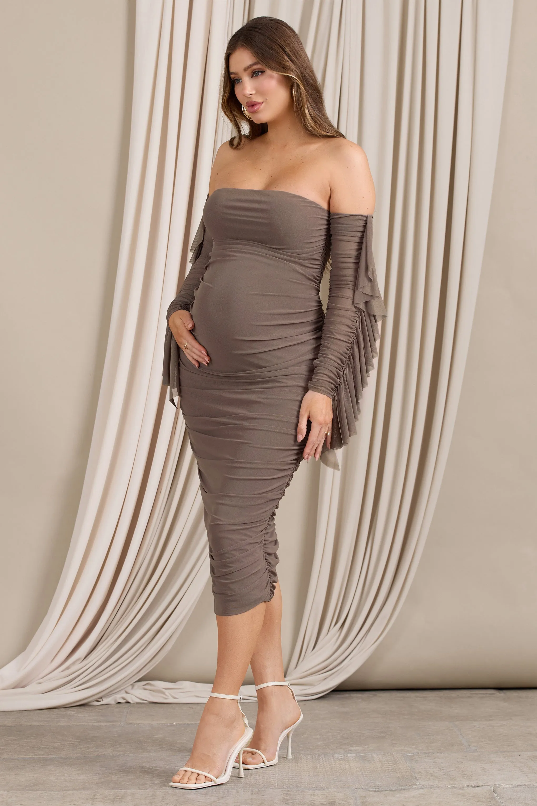 Aroma | Brown Ruched Mesh Maternity Midi Dress With Ruffled Sleeves