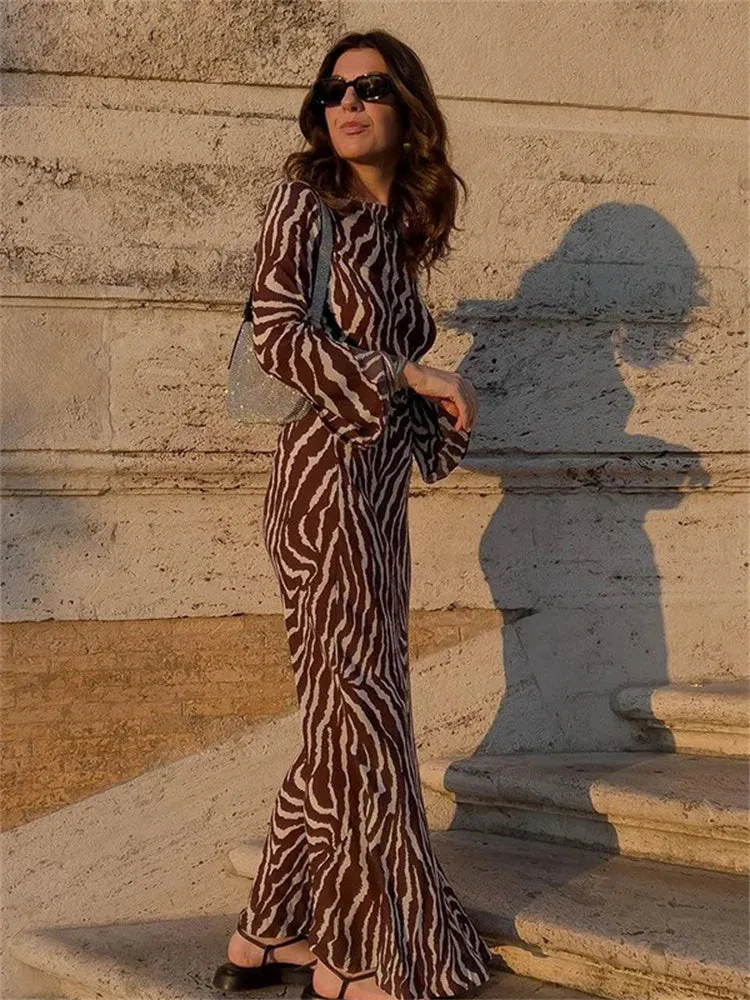 Autumn Sexy Long Sleeve Zebra Print Bodycon Maxi Dress