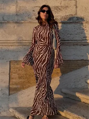 Autumn Sexy Long Sleeve Zebra Print Bodycon Maxi Dress