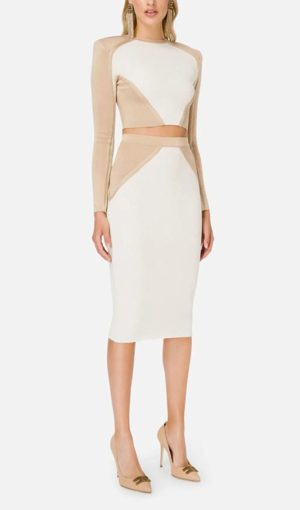 BANDAGE SLIM SPLICE TWO PIECE WRAP DRESS IN APRICOT WHITE