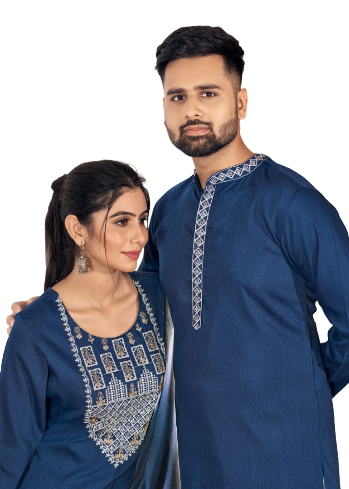 Beautiful Couple wear Blue Same Matching Outfits Set