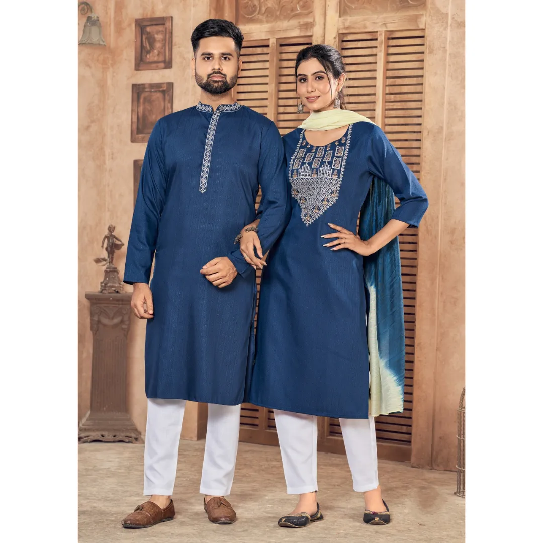 Beautiful Couple wear Blue Same Matching Outfits Set