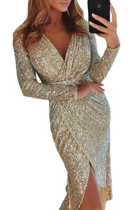 Beige Sequins Wrap Irregular Dress