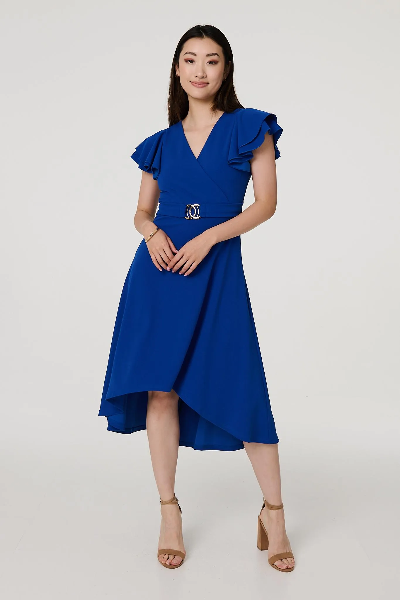 Belt Detail Frilled Sleeve Midi Dress