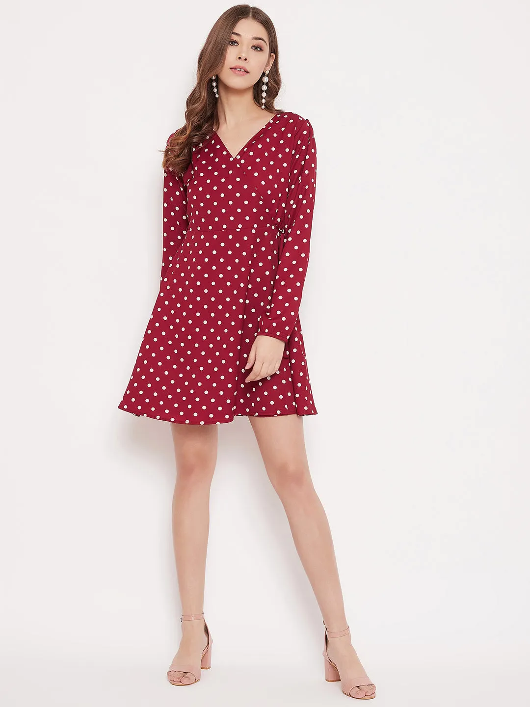 Berrylush Women Red & White Polka Dot Printed Wrap Mini Dress