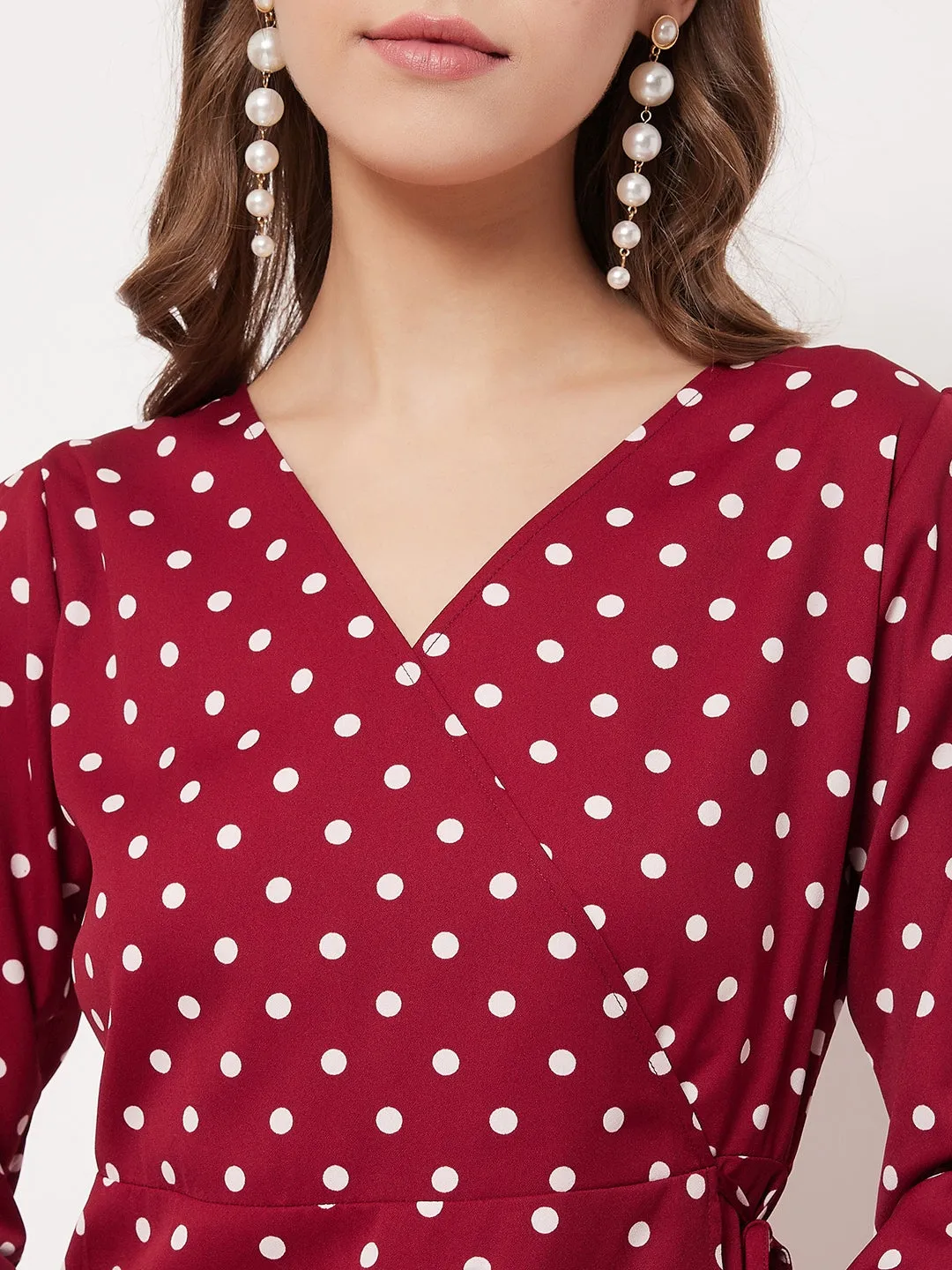 Berrylush Women Red & White Polka Dot Printed Wrap Mini Dress