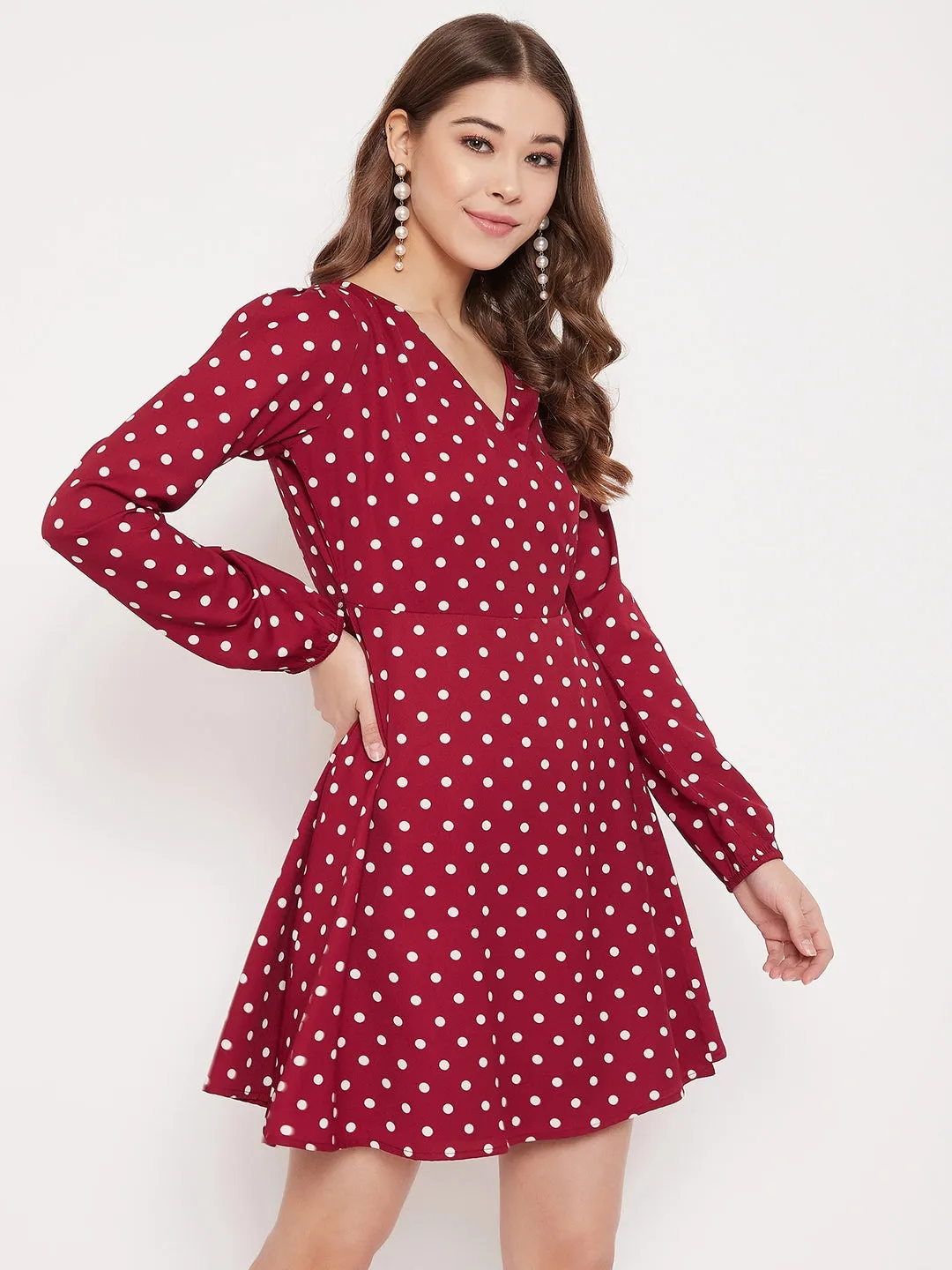 Berrylush Women Red & White Polka Dot Printed Wrap Mini Dress