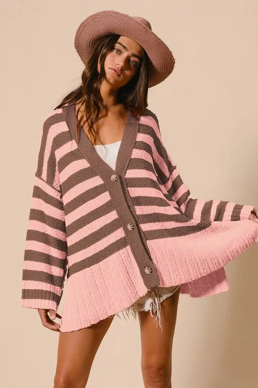 BiBi Women Cardigan Slit Striped Blush Pink V-Neck Oversize Long Sleeve