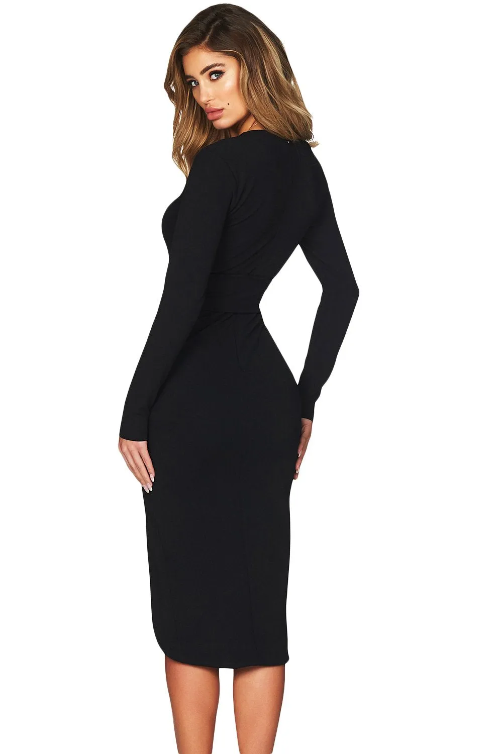 Black Deep Neck Wrap Long Sleeves Dress