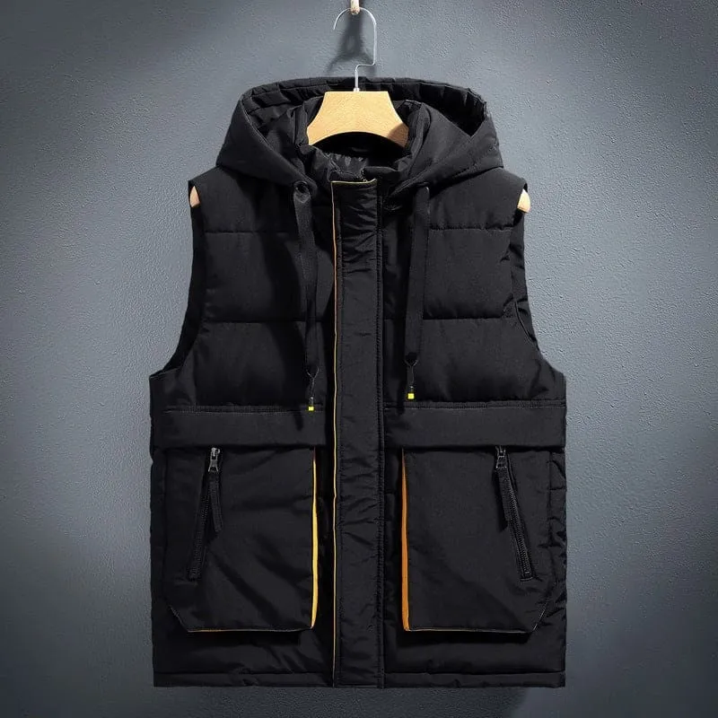 Black Quilted Fleece-lined Warm Cotton Gilet with Yellow Trim