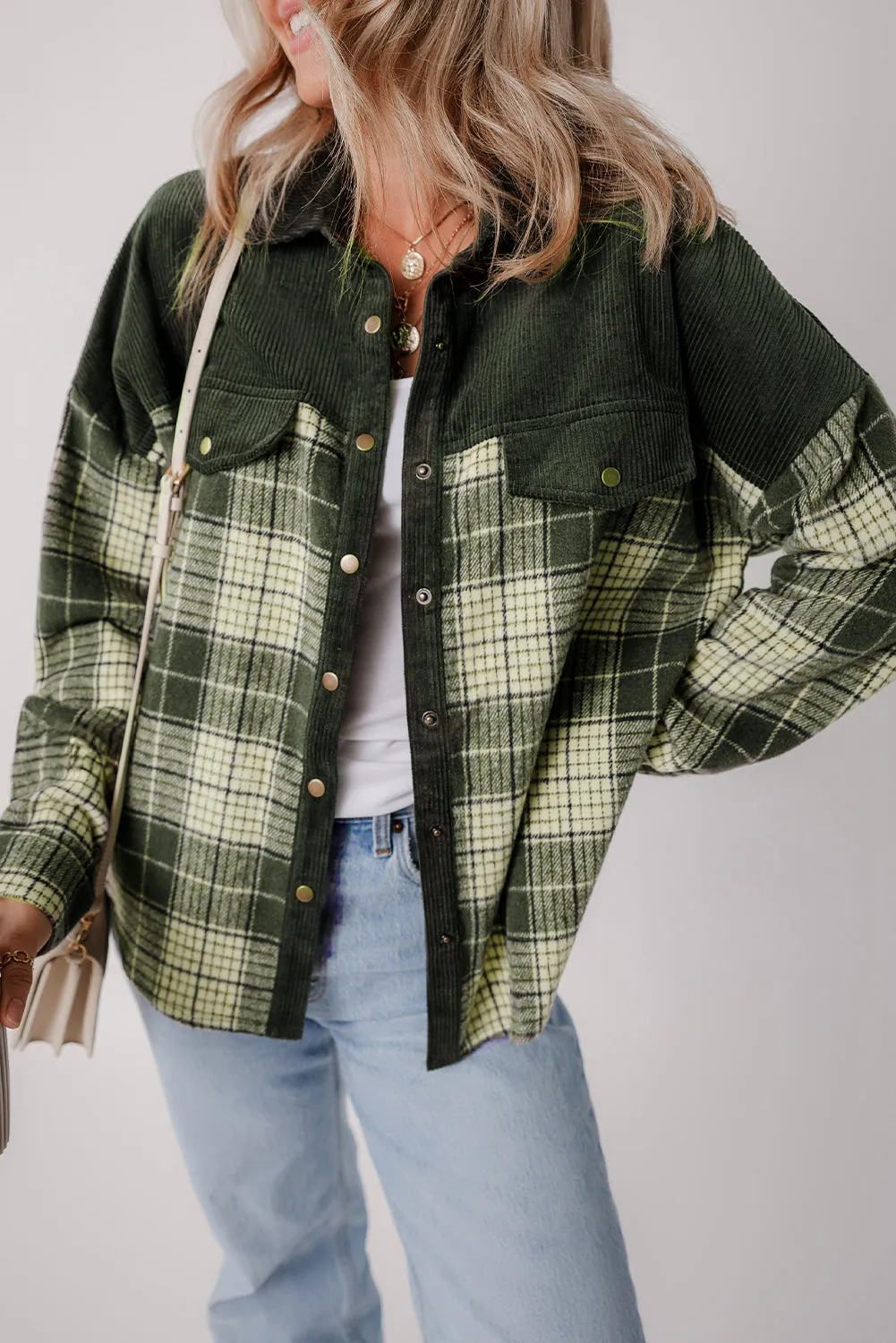 Blackish Green Snap Buttons Patchwork Plaid Shacket