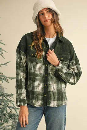 Blackish Green Snap Buttons Patchwork Plaid Shacket