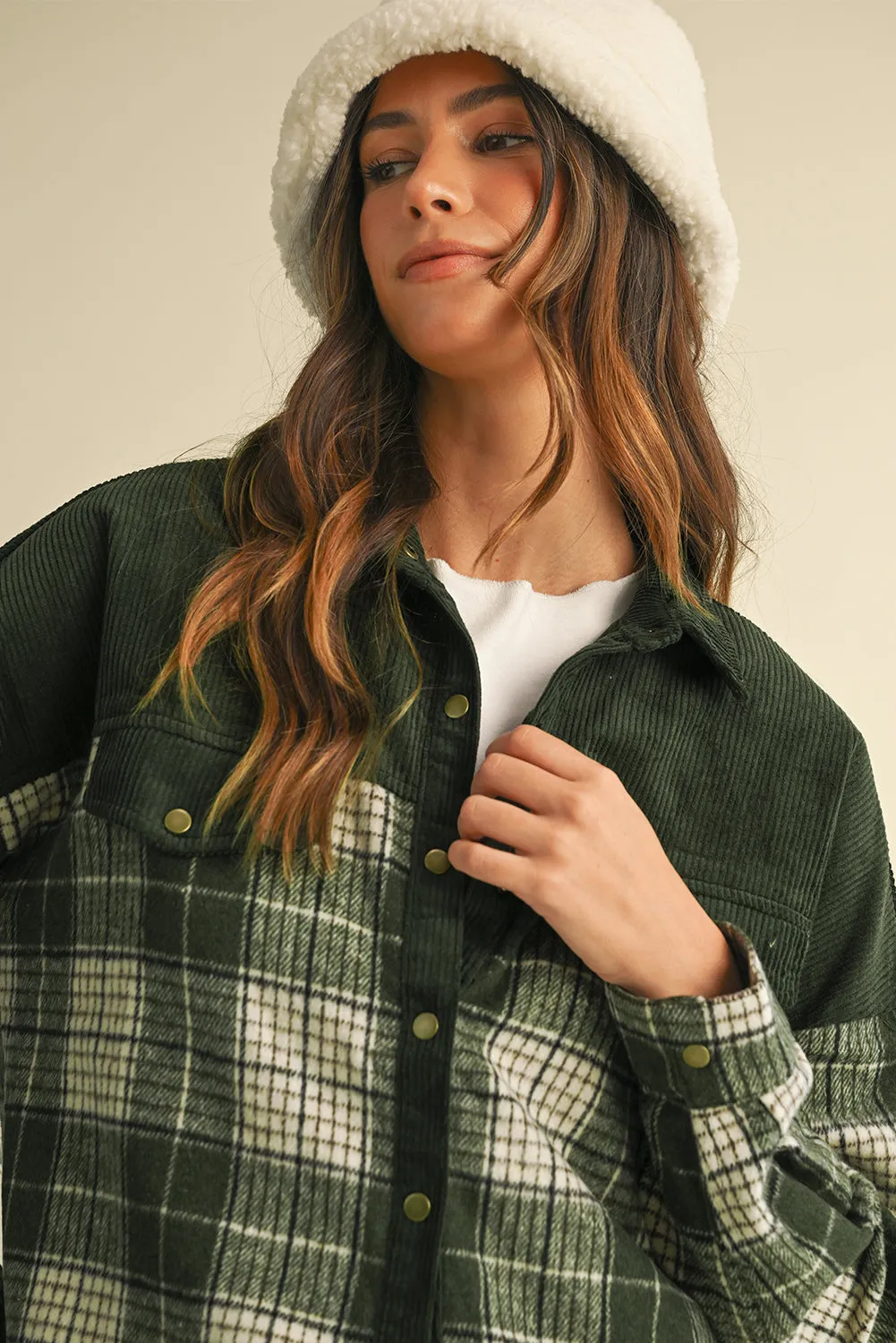 Blackish Green Snap Buttons Patchwork Plaid Shacket