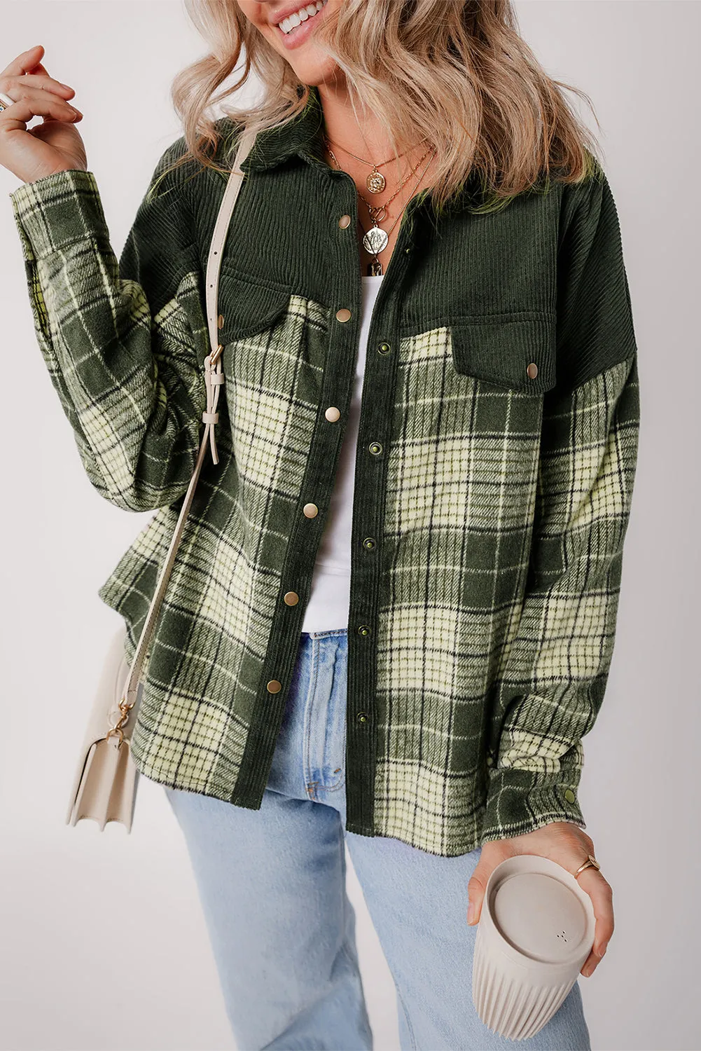 Blackish Green Snap Buttons Patchwork Plaid Shacket