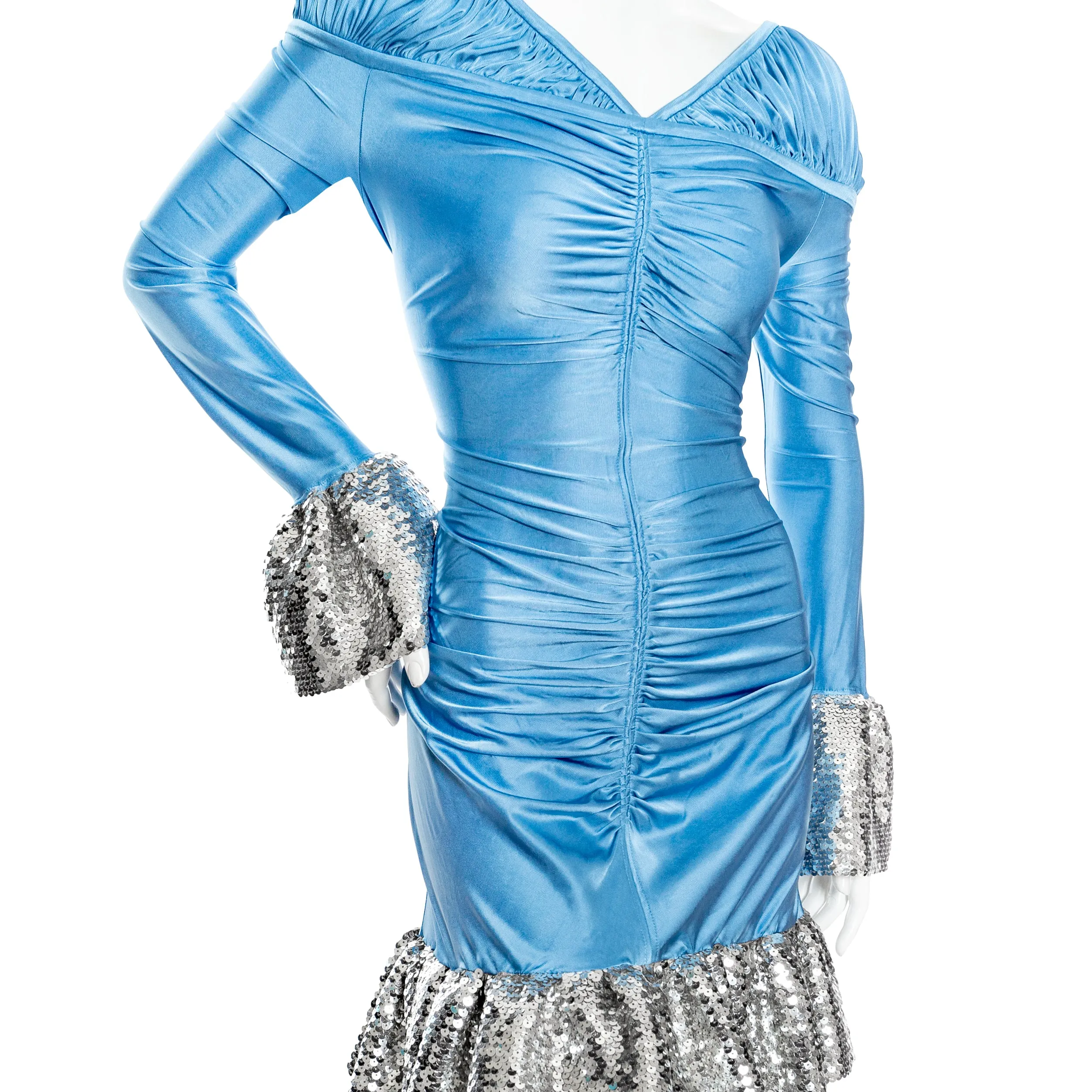 Blue Viscose-Blend Ruched Sequin Mini Dress