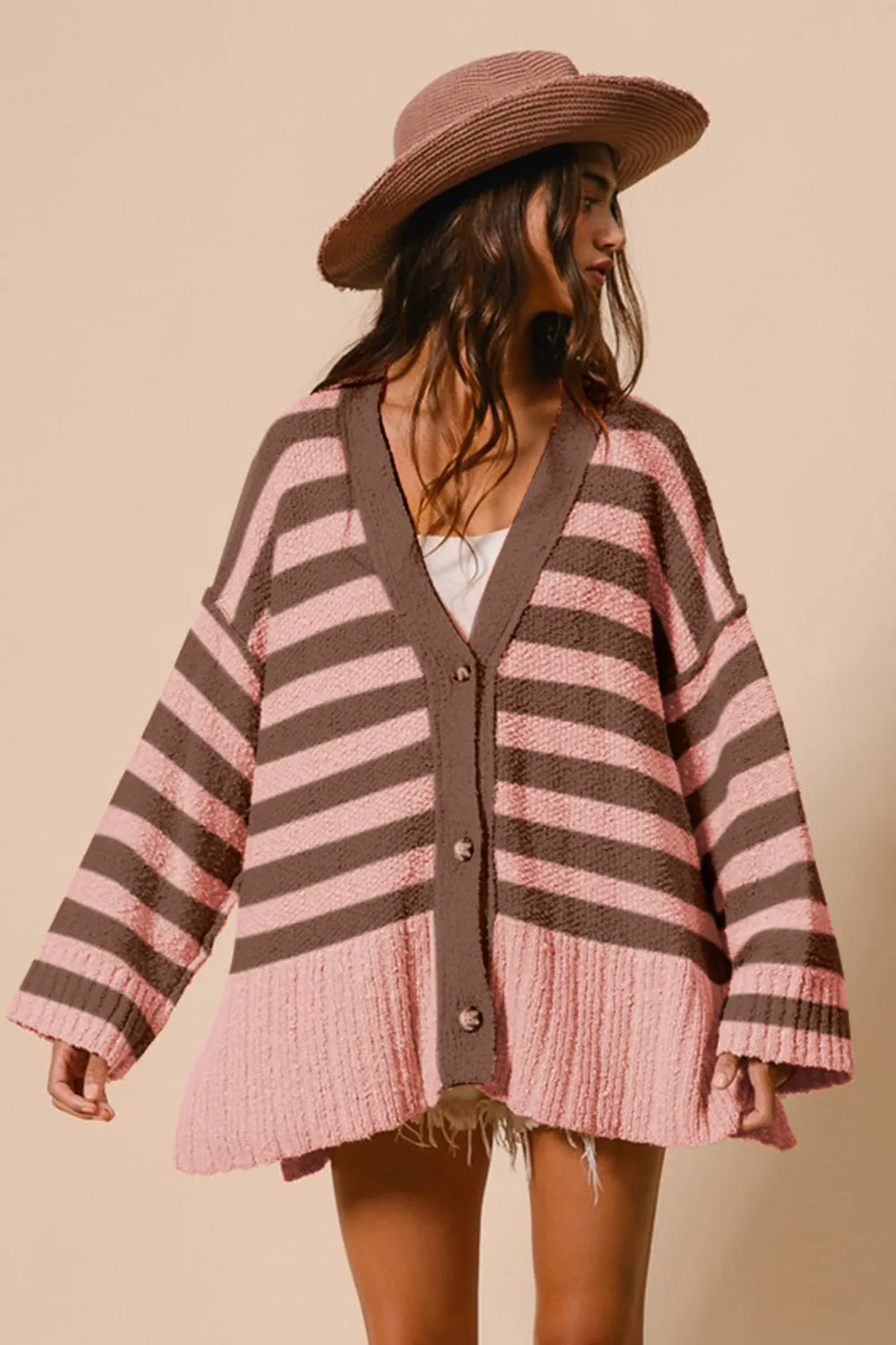 Blue Zone Planet |  BiBi Slit Striped V-Neck Button Up Cardigan