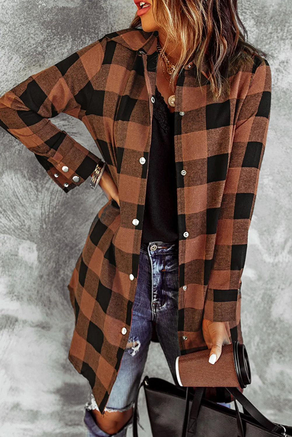 Blue Zone Planet |  Brown Turn-down Collar Plaid Shirt Coat