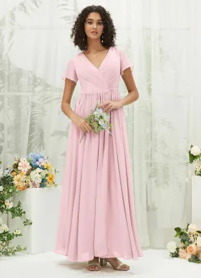 Blush Chiffon Short Sleeve V-Neck Wrap Pleated  Bridesmaid Dress