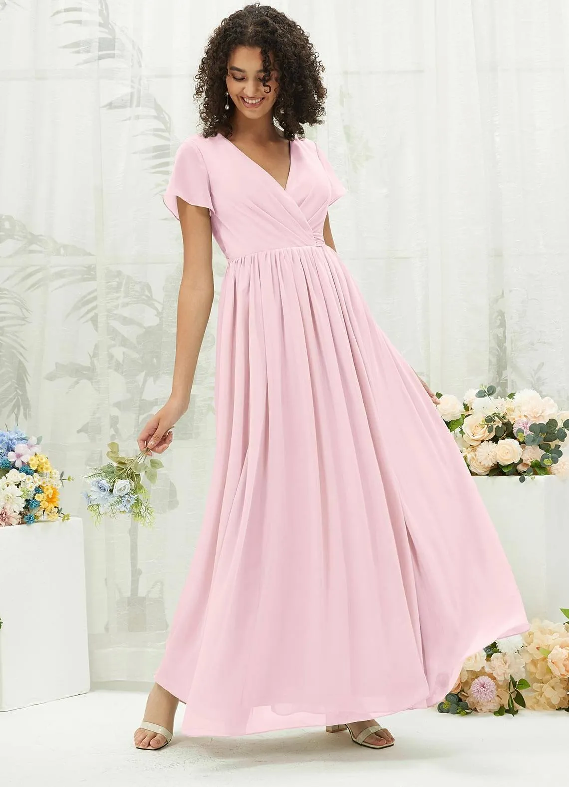 Blush Chiffon Short Sleeve V-Neck Wrap Pleated  Bridesmaid Dress