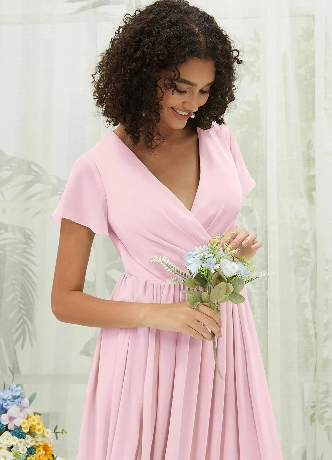 Blush Chiffon Short Sleeve V-Neck Wrap Pleated  Bridesmaid Dress