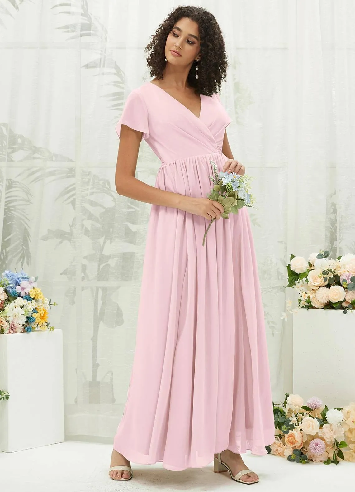 Blush Chiffon Short Sleeve V-Neck Wrap Pleated  Bridesmaid Dress