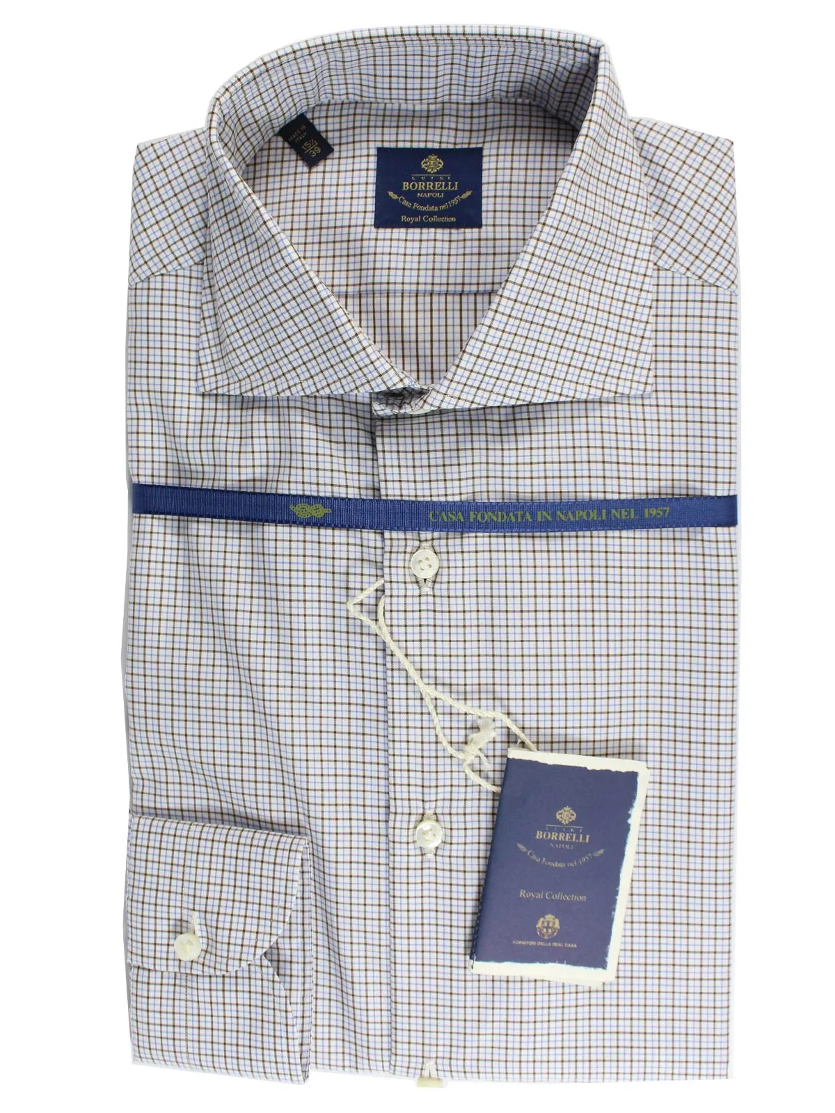 Borrelli Dress Shirt ROYAL COLLECTION White Blue Brown Check 38 - 15 REDUCED - SALE