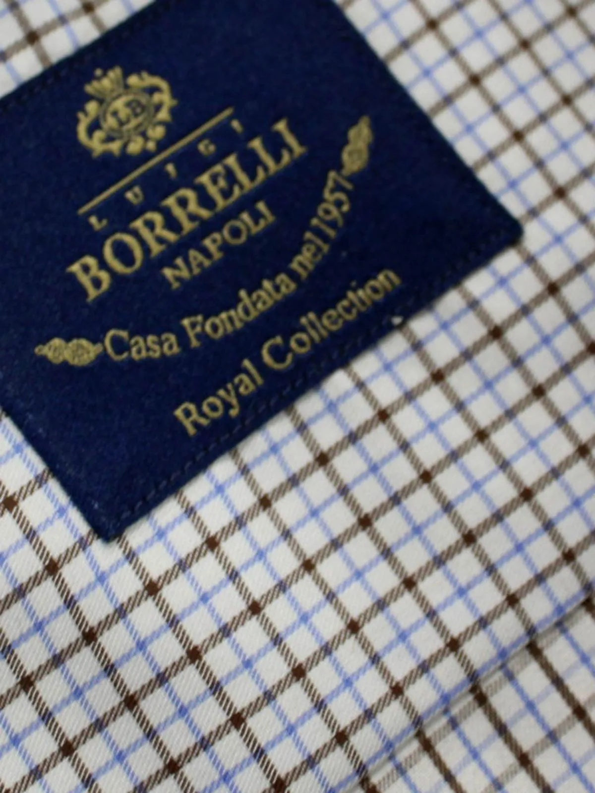 Borrelli Dress Shirt ROYAL COLLECTION White Blue Brown Check 38 - 15 REDUCED - SALE