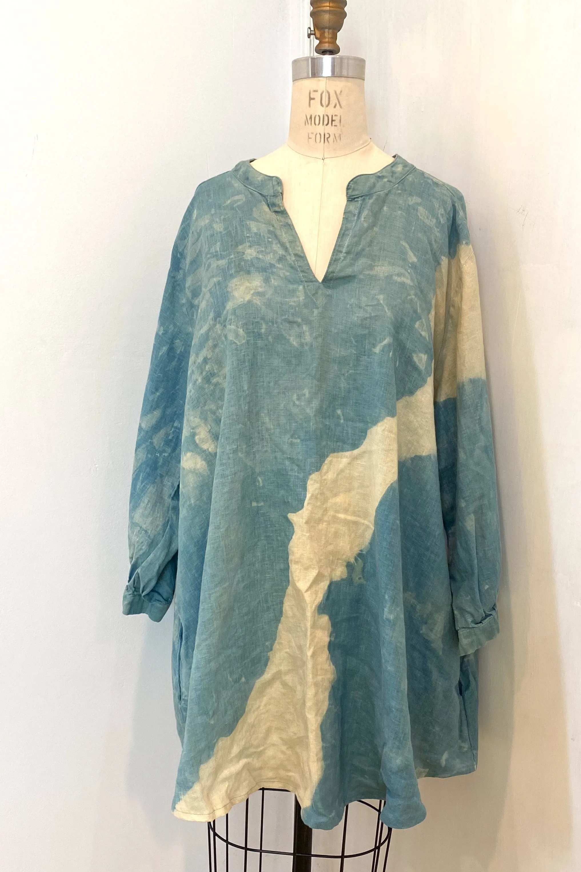 Botanically Dyed Linen Tunic in Blue Tan Wave