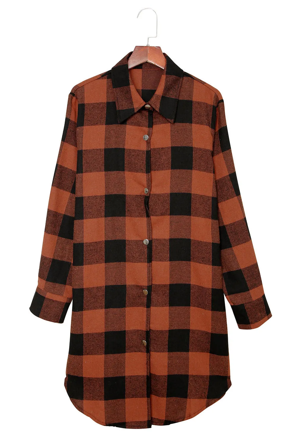 Brown & Black Plaid Collared Botton Down Long Shirt Shacket