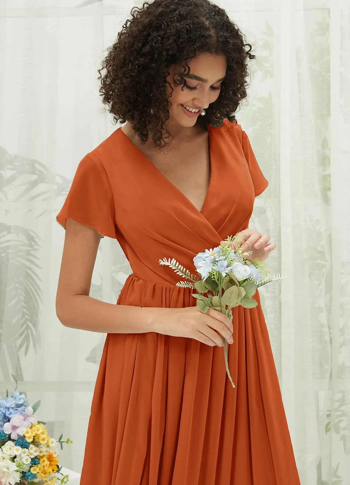 Burnt Orange Chiffon Short Sleeve V-Neck Wrap Pleated  Bridesmaid Dress