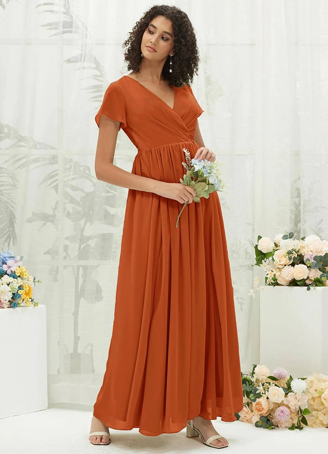 Burnt Orange Chiffon Short Sleeve V-Neck Wrap Pleated  Bridesmaid Dress