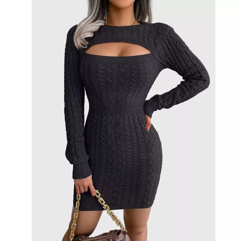 Cable Knit Black Sweater Dress Bust Cut out Sexy Dress Bodycorn Fit