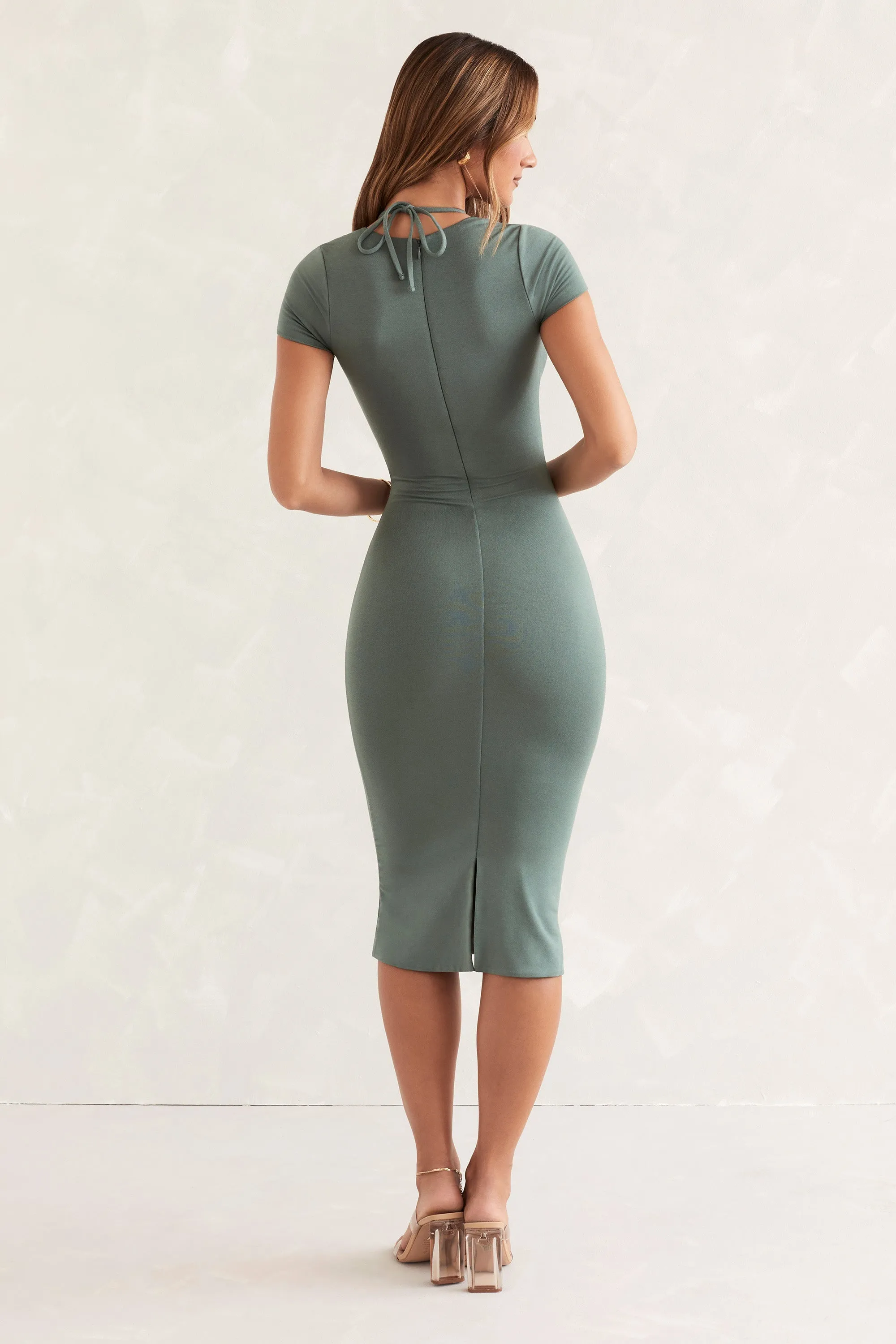 Cap Sleeve Cut Out Midi Dress in Green