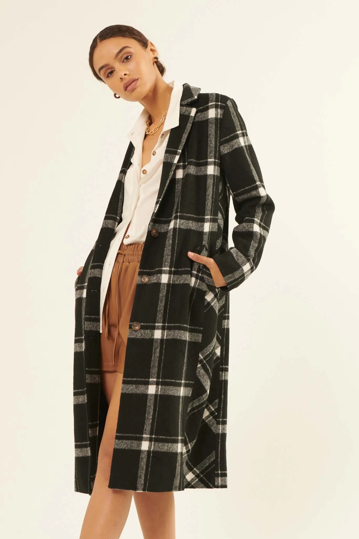 Check Point Button-Front Plaid Overcoat