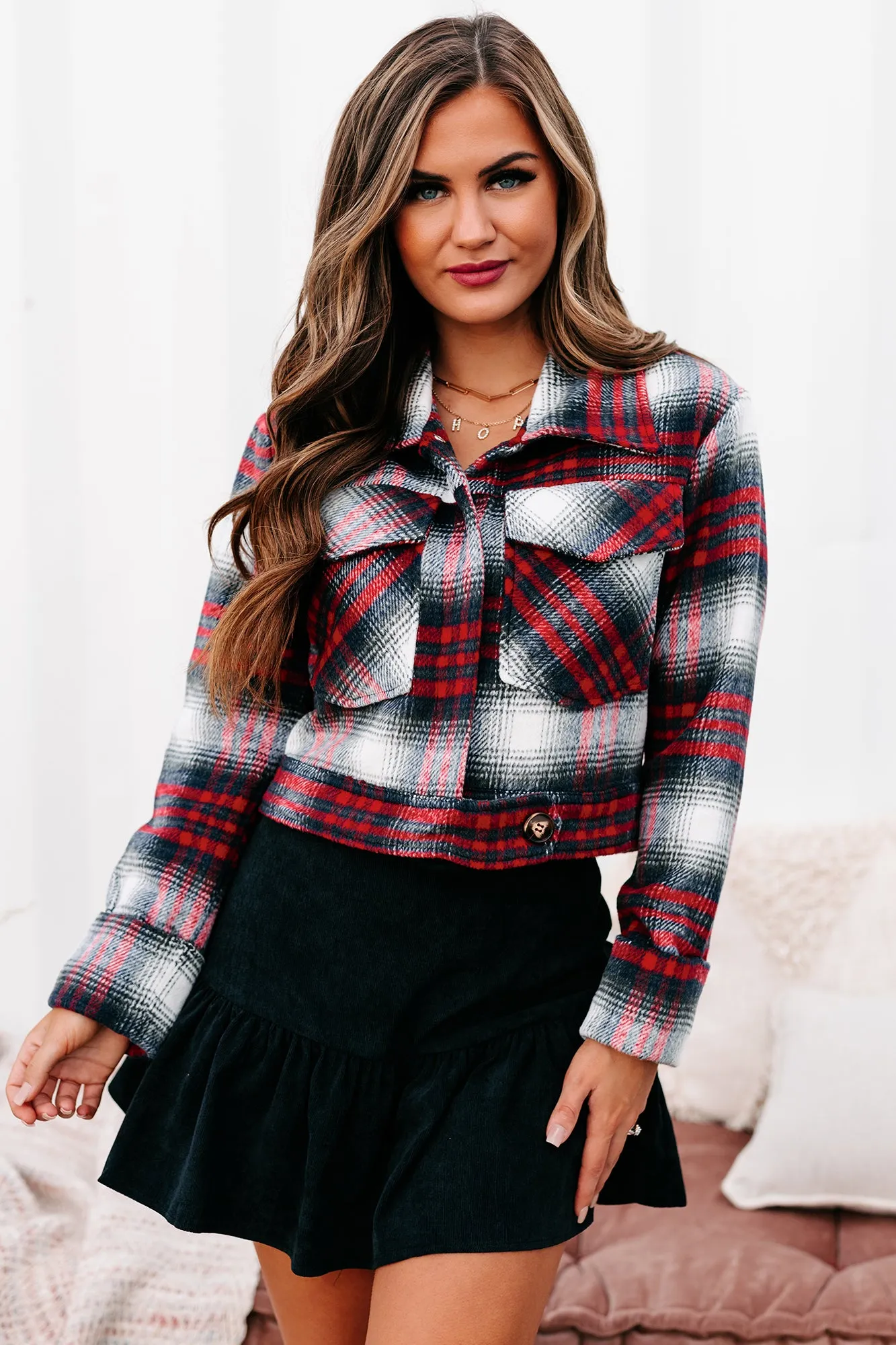 Chic Observations Cropped Plaid Shacket (Red)