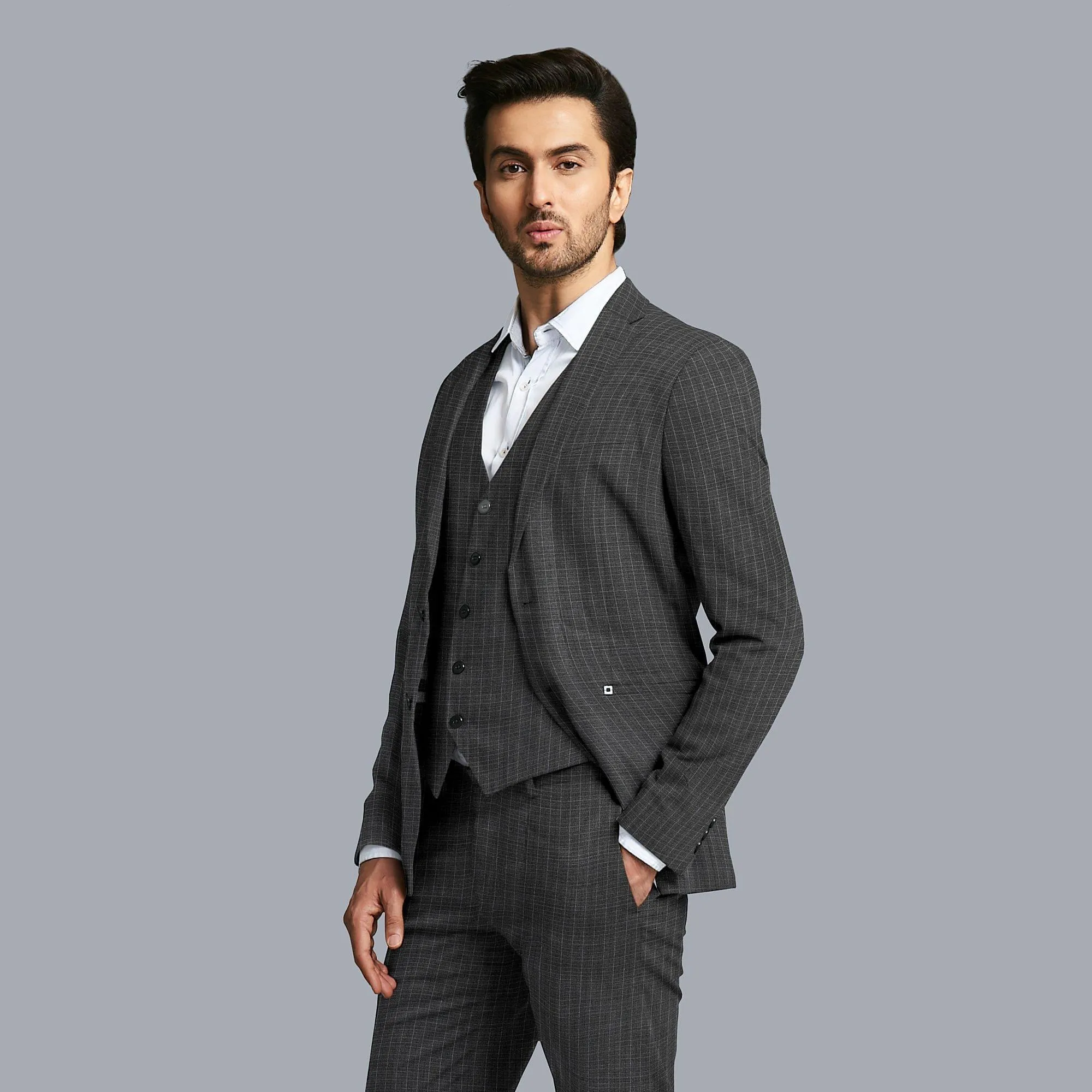 Coin grey Premiuum Super 140's English all wool suiting fabric having same tone and baby blue checks design-D13098