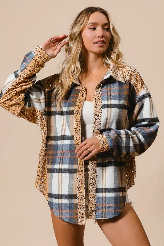 Curved Hem Sequin Plaid Button Up Shacket