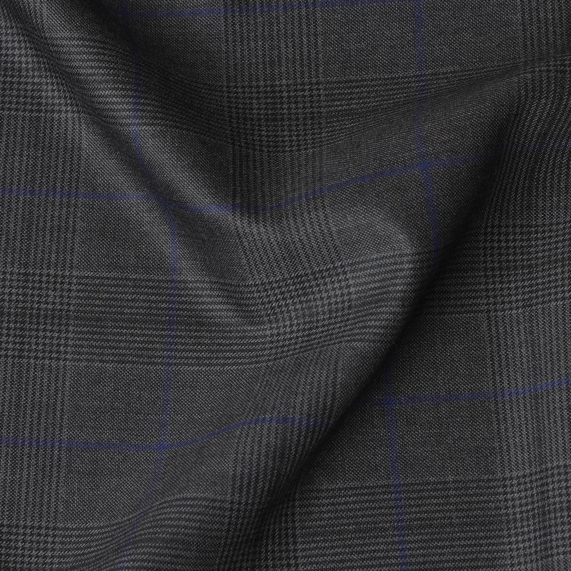 Dark charcoal grey Premium pure English super 150's all wool suiting fabric with grey and blue checks design-D14820