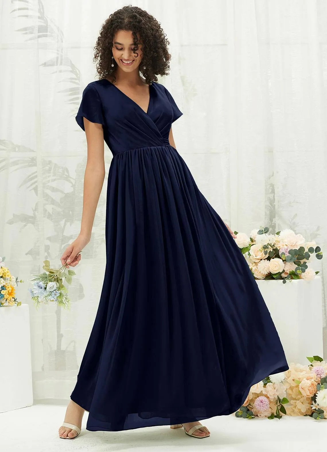 Dark Navy Chiffon Short Sleeve V-Neck Wrap Pleated  Bridesmaid Dress