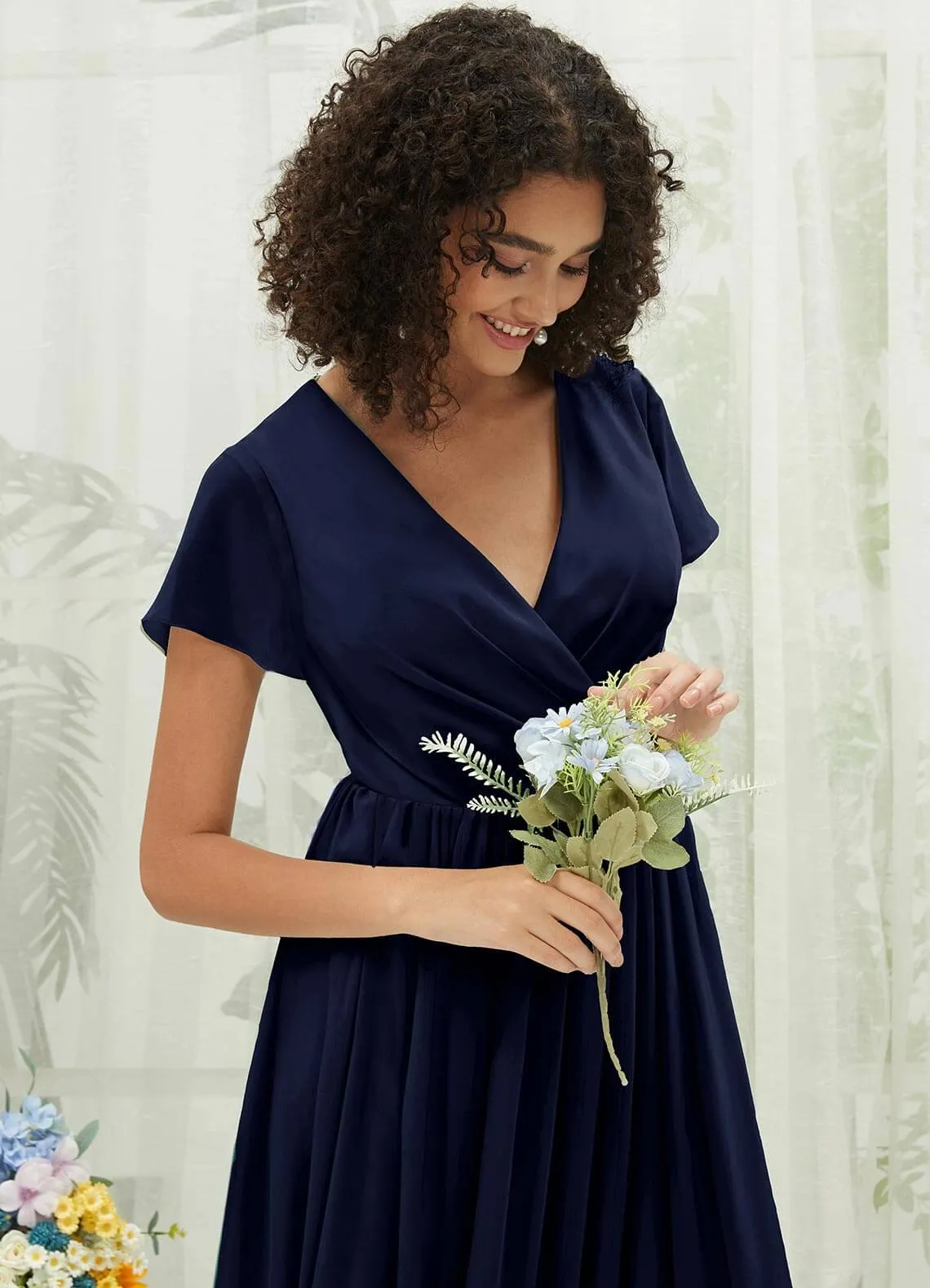 Dark Navy Chiffon Short Sleeve V-Neck Wrap Pleated  Bridesmaid Dress