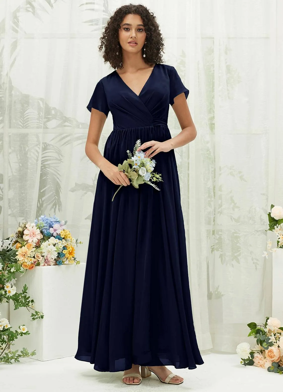 Dark Navy Chiffon Short Sleeve V-Neck Wrap Pleated  Bridesmaid Dress