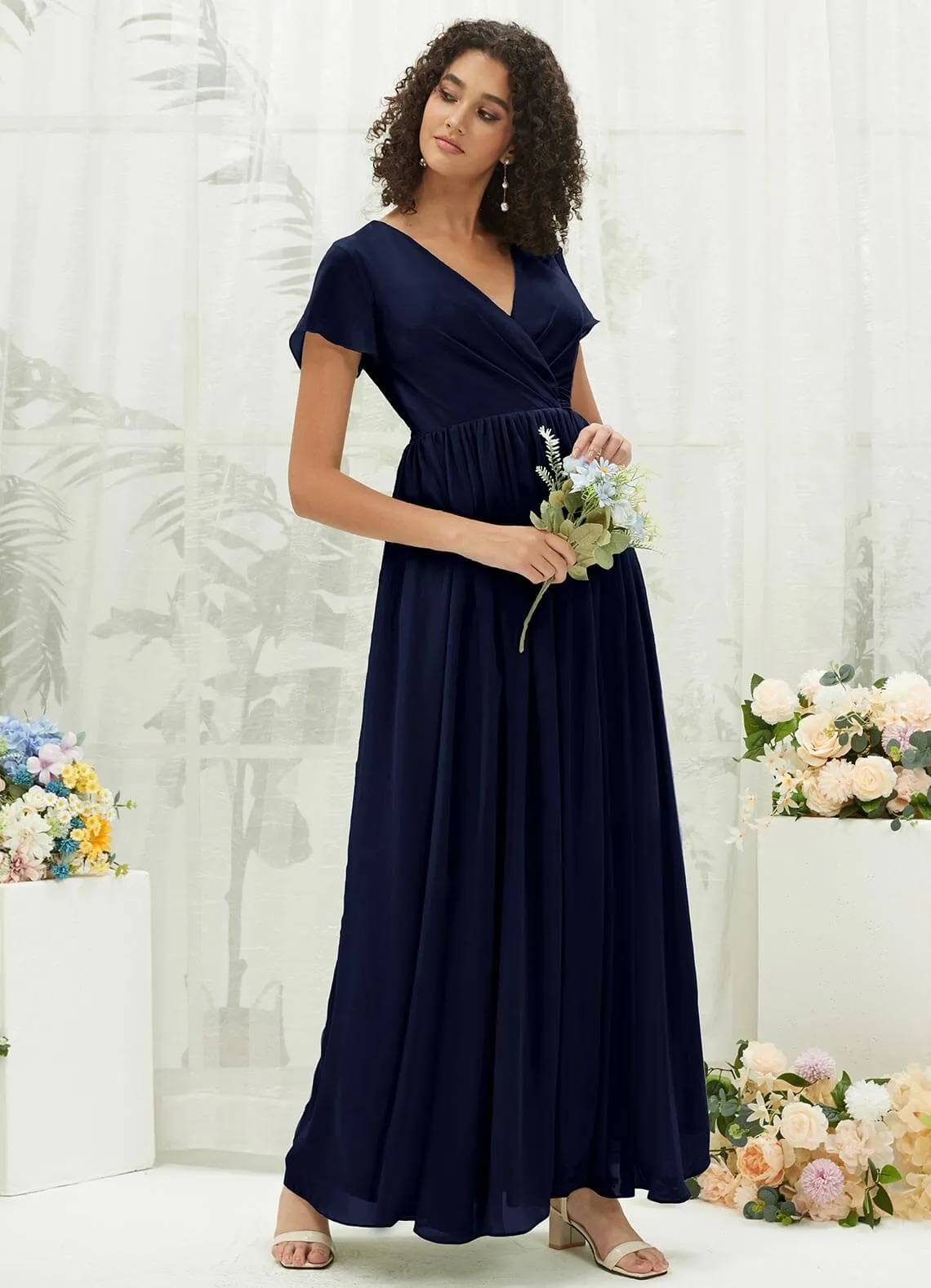 Dark Navy Chiffon Short Sleeve V-Neck Wrap Pleated  Bridesmaid Dress