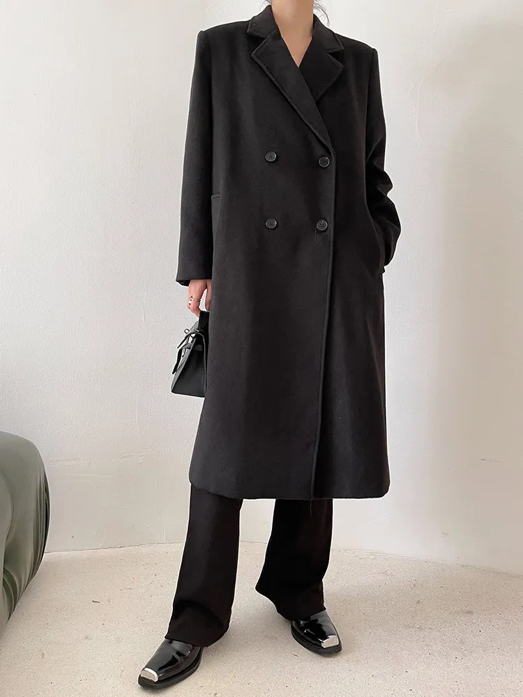 Double Breasted Oversized Long Wool Coat Black